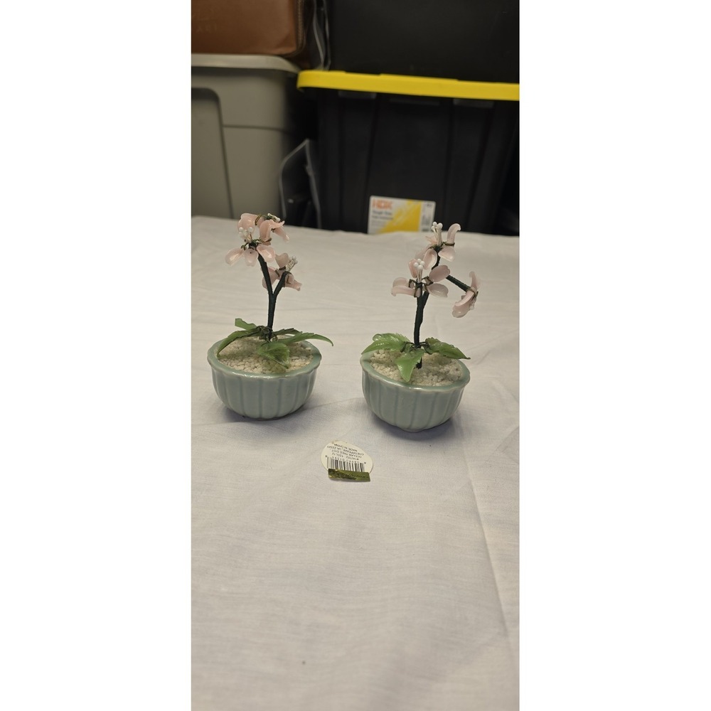 Vintage miniature Glass Pink Flower with Glass Green Leaves in Pot Set Of 2